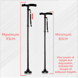 Darrahopens Health & Beauty > Health & Wellbeing > Wellness Accessories Folding LED Walking Cane with Dual Handle - Adjustable(88-98CM), Anti-Slip 4-Prong Base, and Stand-Up Function for Seniors