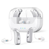 Darrahopens Health & Beauty > Health & Wellbeing > Wellness Accessories Rechargeable Hearing Amplifier with Charging Case – Compact Sound Enhancer for Daily Use, Noise Reduction & Clear Audio (White & Transparent Case, Silver Tone)