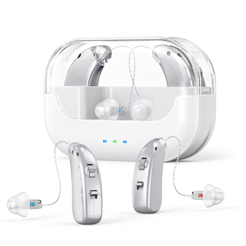 Darrahopens Health & Beauty > Health & Wellbeing > Wellness Accessories Rechargeable Hearing Amplifier with Charging Case – Compact Sound Enhancer for Daily Use, Noise Reduction & Clear Audio (White & Transparent Case, Silver Tone)