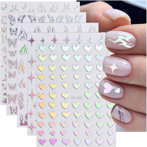 Darrahopens Health & Beauty > Makeup > Nail Care Sheets Aurora Nail Stickers 3D Holographic Laser Heart Star Moon Flame Flower Butterfly Nail Decals Self-adhesive Nail