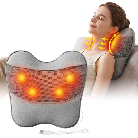 Livemor Back Massager with Heat, USB Neck and Shoulder Massage Pillow, 3-Speed Ergonomic Lumbar Support Cushion for Office Chair, Portable Muscle Relief for Back, Thigh & Calf, Grey