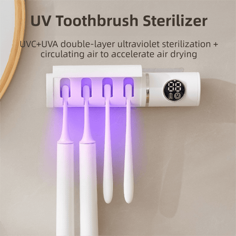 Darrahopens Health & Beauty > Personal Care > Oral Care White 4-Slot Compact UV Toothbrush Sanitizer with Turbo Drying Fan & LCD Display - Anti-Dust Toothbrush Holder, 10-Minute One-Touch Deep Clean