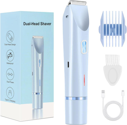 Darrahopens Health & Beauty > Shaving & Hair Removal > Hair Removal 2-in-1 Electric Lady Shaver & Bikini Trimmer Dual Head Waterproof Wet & Dry Body Hair Remover Cordless Razor for Face Legs Underarms Blue