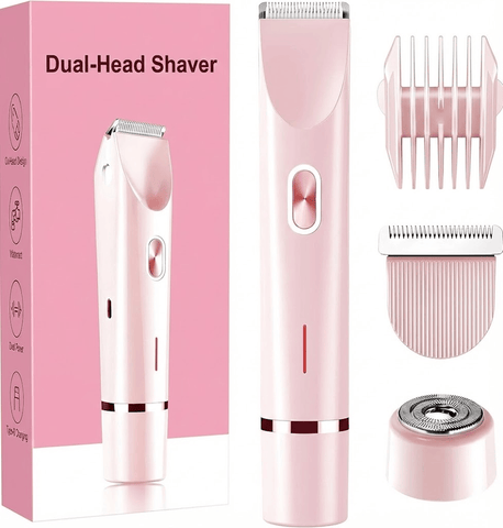 Darrahopens Health & Beauty > Shaving & Hair Removal > Hair Removal 2-in-1 Electric Lady Shaver & Bikini Trimmer Dual Head Waterproof Wet & Dry Body Hair Remover Cordless Razor for Face Legs Underarms Pink