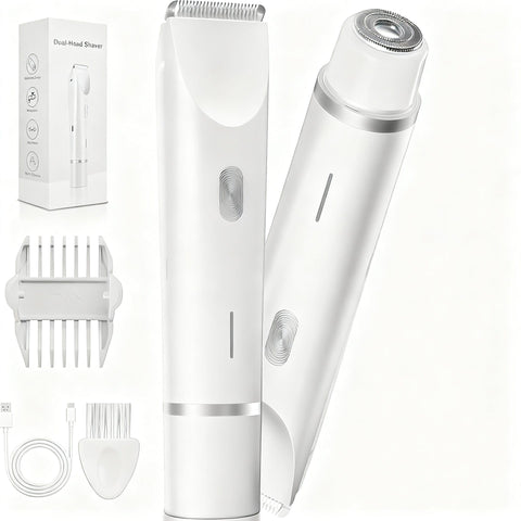Darrahopens Health & Beauty > Shaving & Hair Removal > Hair Removal 2-in-1 Electric Lady Shaver & Bikini Trimmer Dual Head Waterproof Wet & Dry Body Hair Remover Cordless Razor for Face Legs Underarms White