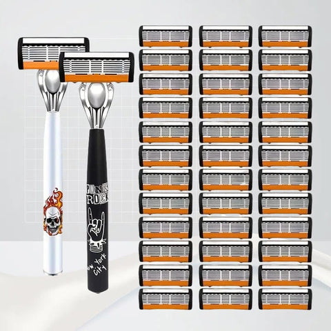 Darrahopens Health & Beauty > Shaving & Hair Removal > Shaving & Grooming 2-Pack 6-Layer Manual Razor with 36 Replacement Blades – Ultra-Close Shave for Men, Stainless Steel Handle with One-Click Blade Change
