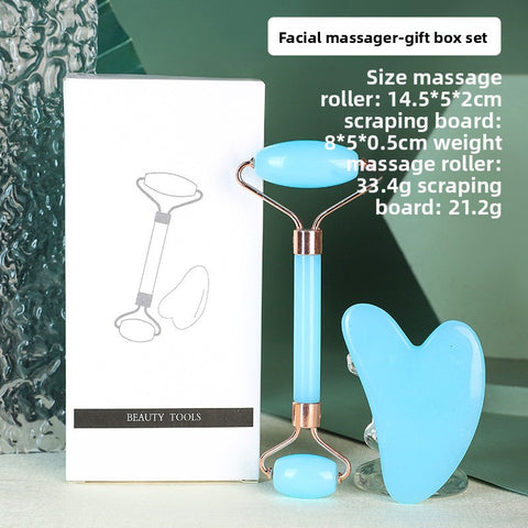 Darrahopens Health & Beauty > Shaving & Hair Removal > Shaving & Grooming Blue Dual-Head Resin Facial Roller and Heart-Shaped Gua Sha Set for Home SPA Skincare and Face Neck Massage