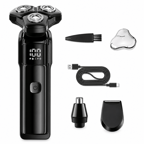 Darrahopens Health & Beauty > Shaving & Hair Removal > Shaving & Grooming Men's 3-Head Electric Rotary Shaver Upgraded Set - Type-C Rechargeable LCD Grooming Kit for Beard, Nose Hair, Sideburns, Home and Travel Use In Australia - Darrahopens