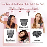Darrahopens Health & Beauty > Shaving & Hair Removal > Shaving & Grooming Pink Portable silent Hair Dryer with 3 Heat/Speed Settings and 3 Accessories - High-Power Blow Dryer, 3M Long Cord & 8CM Wide Outlet