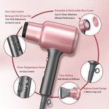 Darrahopens Health & Beauty > Shaving & Hair Removal > Shaving & Grooming Pink Portable silent Hair Dryer with 3 Heat/Speed Settings and 3 Accessories - High-Power Blow Dryer, 3M Long Cord & 8CM Wide Outlet