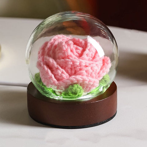 Darrahopens Home & Garden > Artificial Plants > Artifical Flowers & Plants Pink Rose Handcrafted Crochet Flower LED Night Light - USB Rechargeable Glass Dome Lamp with Wood Base, 3 Color Modes