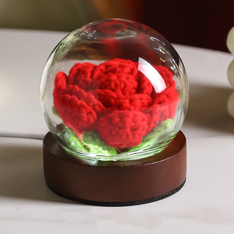 Darrahopens Home & Garden > Artificial Plants > Artifical Flowers & Plants Red Rose Handcrafted Crochet Flower LED Night Light - USB Rechargeable Glass Dome Lamp with Wood Base, 3 Color Modes