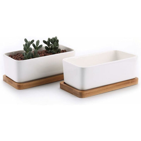 Darrahopens Home & Garden > Artificial Plants > Pots, Planters & Accessories 17Cm Ceramic Succulent Pot With Bamboo Tray White 2 pcs Set, Cactus Planter Cache Pot Jardinière Container Gift For