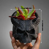 3D-printed horned skull flower pot, succulent plant pot, black.