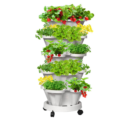 Darrahopens Home & Garden > Artificial Plants > Pots, Planters & Accessories 5 Tier Stackable Planter Pots Vertical Garden Stacking Space Saving High Yield Ideal for Herbs Flower Plants Veggies With Wheel White 37cm Width