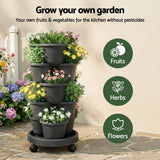 Darrahopens Home & Garden > Artificial Plants > Pots, Planters & Accessories Green Fingers 5 Tier Vertical Garden Planter, Stackable Planters with 4 Wheels, Black, Raised Garden Bed, Garden Tower Indoor Outdoor, Auto Drainage System, for Strawberries, Herbs, Flower, Vegetables