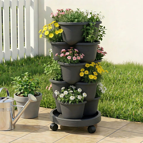 Darrahopens Home & Garden > Artificial Plants > Pots, Planters & Accessories Green Fingers 5 Tier Vertical Garden Planter, Stackable Planters with 4 Wheels, Black, Raised Garden Bed, Garden Tower Indoor Outdoor, Auto Drainage System, for Strawberries, Herbs, Flower, Vegetables
