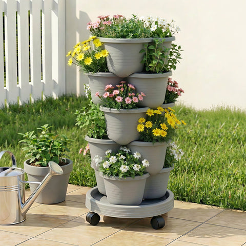 Darrahopens Home & Garden > Artificial Plants > Pots, Planters & Accessories Green Fingers 5 Tier Vertical Garden Planter, Stackable Planters with 4 Wheels, Grey, Raised Garden Bed, Garden Tower Indoor Outdoor, Auto Drainage System, for Strawberries, Herbs, Flower, Vegetables