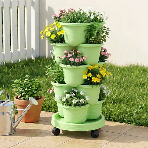 Darrahopens Home & Garden > Artificial Plants > Pots, Planters & Accessories Green Fingers 5 Tier Vertical Garden Planter, Stackable Planters with Wheels, Light Green, Garden Bed, Garden Tower Indoor Outdoor, Auto Drainage System, for Strawberries, Herbs, Flowers, Vegetables