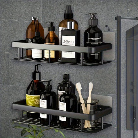Darrahopens Home & Garden > Bathroom Accessories > Shower Accessories Black Wall-Mounted Storage Shelf - Heavy-Duty Plastic, No-Drill Adhesive Installation, Space-Saving Bathroom and Kitchen Organizer