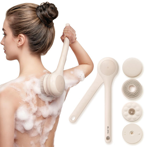 Darrahopens Home & Garden > Bathroom Accessories > Shower Accessories Electric Body Brush with Dual Handles – Waterproof Rotating Bath Scrubber, 3 Replaceable Heads, USB-C Charging, 2 Speeds(Milk coffee)
