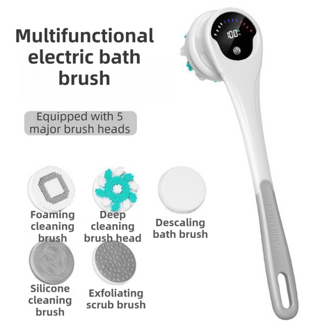 Darrahopens Home & Garden > Bathroom Accessories > Shower Accessories Grey Electric 360°Rotating Shower Brush with Long Handle for Back Scrubbing(43CM) - IPX7 Waterproof & Premium Silicone & PA Bristles