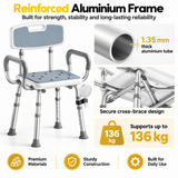 Darrahopens Home & Garden > Bathroom Accessories > Shower Accessories Height Adjustable Shower Chair with Arms & Back, Aluminium Bathroom Seat, 136kg Capacity In Australia - Darrahopens