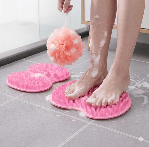 Darrahopens Home & Garden > Bathroom Accessories > Shower Accessories Pink 3-piece set  (2-Pack Silicone Foot & Back Scrubber Mat with Suction Cups + 1 Premium Lace Bath Loofah Sponge Set) - Non-Slip Foot Massager & Exfoliating Shower Set