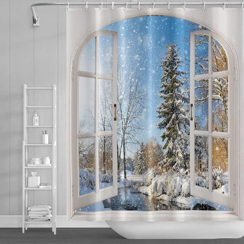 Darrahopens Home & Garden > Bathroom Accessories > Shower Accessories Winter Snowy Shower Curtain, Window View Blue Sky Winter Christmas Tree River Nature Snowy Scene Bath Curtains for Holiday 180cm x 180cm