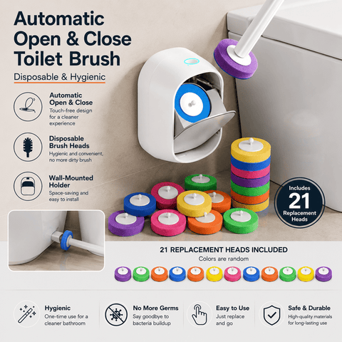 Darrahopens Home & Garden > Bathroom Accessories > Toilet Brushes & Holders Automatic Flip-Open Disposable Toilet Brush Set with 21 Cleaning Refill Heads, Wall Mounted Storage, One-Button Hygienic Release, 360° Rotating Deep Cleaning, 51cm Long Handle Bathroom Toilet Cleaner