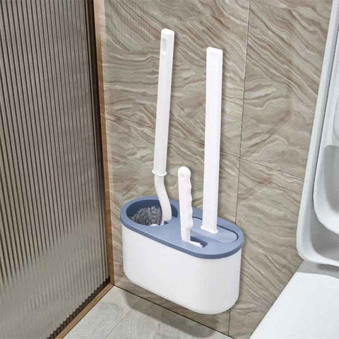 Blue Toilet Brush Set with Holder - 3-in-1 Wall Mounted Bathroom Cleaning Kit, TPR Soft Bristle & 360° Globe Brush, No-Drill Adhesive Base, Space Saving Design for Home, Apartment, Rental