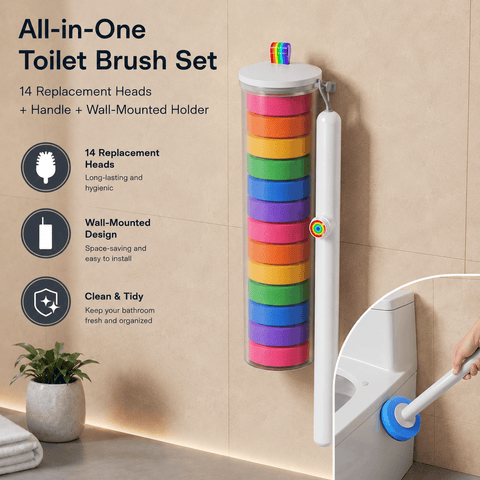 Darrahopens Home & Garden > Bathroom Accessories > Toilet Brushes & Holders Disposable Toilet Brush Set with 14 Preloaded Cleaning Refill Heads & Wall Mounted Storage Holder - 360° Rotating Brush Head, One-Button Release and Long Handle for Hygienic Bathroom Cleaning