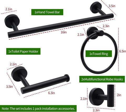 Darrahopens Home & Garden > Bathroom Accessories > Towel Racks & Holders 5pcs Bathroom Hardware Set, Matte Black Bathroom Hardware Set, Including 16" Hand Towel Bars, Toilet Paper Holders, Towel Rings, Robe Towel Hooks