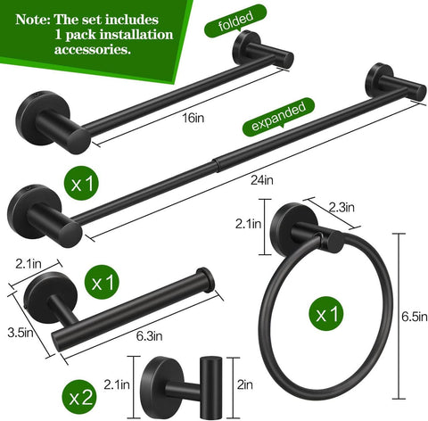 Darrahopens Home & Garden > Bathroom Accessories > Towel Racks & Holders 5pcs Matte Black Bathroom Hardware Set, Including 1pcs 24in Retractable Hand Single Towel Bar with 1pcs Toilet Paper Holders, 1pcs Towel Rings 2pcs Multifunctional Robe Hooks