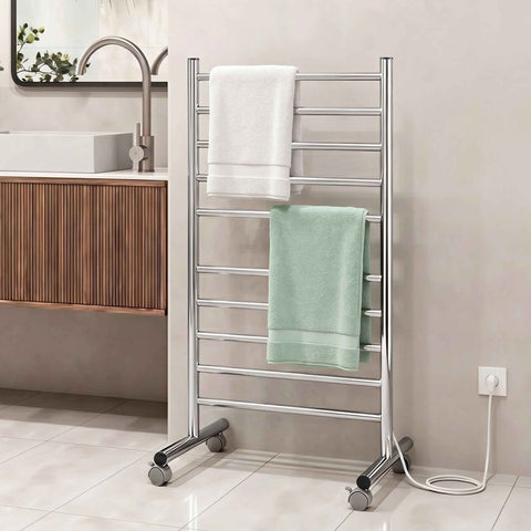 Devanti 10-Bar Freestanding Heated Towel Rail 3-5 Mins Fast Heating Electric Towel Warmer for Bathroom Winter Drying Stainless Steel Plug In 100W