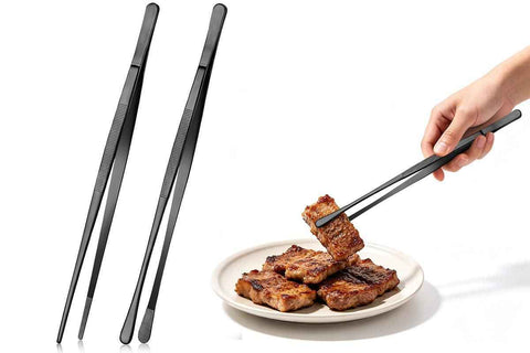 Darrahopens Home & Garden > BBQ > BBQ Tools 2 Pack 30cm BBQ Tongs Stainless Steel Round and Straight Head for Grilling Cooking - Black