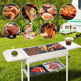 Darrahopens Home & Garden > BBQ > BBQ Tools Portable Large Barbecue Charcoal Grill Stove Foldable Kebab Stainless Steel BBQ Grill With 2 Grill Nets 2 Enamel Baking Pans And Tong Outdoor Camping Patio