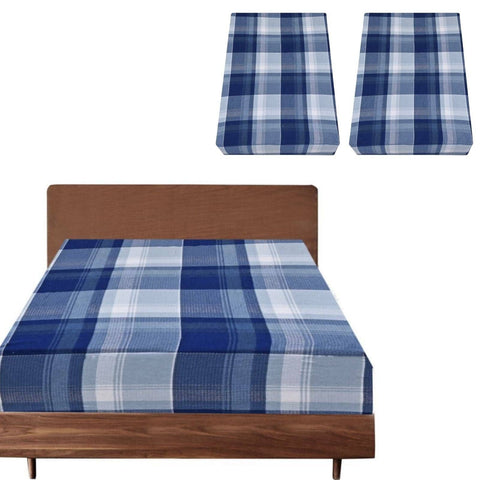 Darrahopens Home & Garden > Bedding 2x Queen Luxury 100% Cotton Flannelette Fitted Bed Sheet - Blue Check Print