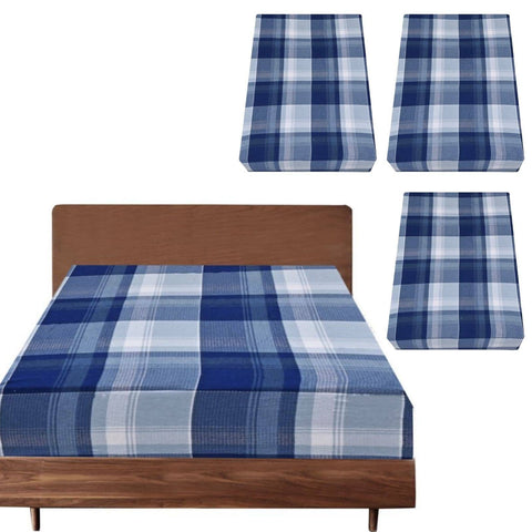 Darrahopens Home & Garden > Bedding 3x Queen Luxury 100% Cotton Flannelette Fitted Bed Sheet - Blue Check Print