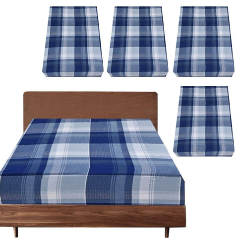 Darrahopens Home & Garden > Bedding 4x Queen Luxury 100% Cotton Flannelette Fitted Bed Sheet - Blue Check Print