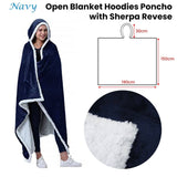 Darrahopens Home & Garden > Bedding Adult Men Women Open Blanket Hoodie Poncho with Sherpa Fleece Reverse Navy