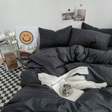 Darrahopens Home & Garden > Bedding > Bed Sheets Black Washed Cotton Bedding Set - Solid Color Fitted Sheet Style, 4-Piece Set for 1.5m Bed, Includes 10 Random Color Quilt Fasteners(1.5m)