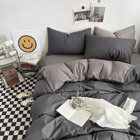Darrahopens Home & Garden > Bedding > Bed Sheets Dark gray and light gray Washed Cotton Bedding Set - Solid Color Fitted Sheet Style, 4-Piece Set for 1.8m Bed, Includes 10 Random Color Quilt Fasteners