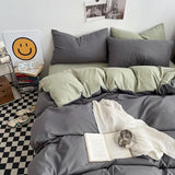 Darrahopens Home & Garden > Bedding > Bed Sheets Dark gray matcha Washed Cotton Bedding Set - Solid Color Fitted Sheet Style, 4-Piece Set for 1.8m Bed, Includes 10 Random Color Quilt Fasteners