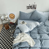 Darrahopens Home & Garden > Bedding > Bed Sheets Hazy Blue Washed Cotton Bedding Set - Solid Color Fitted Sheet Style, 4-Piece Set for 1.8m Bed, Includes 10 Random Color Quilt Fasteners