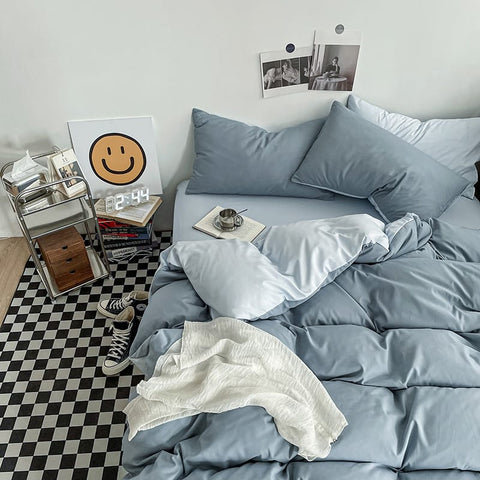 Darrahopens Home & Garden > Bedding > Bed Sheets Hazy Blue Washed Cotton Bedding Set - Solid Color Fitted Sheet Style, 4-Piece Set for 1.8m Bed, Includes 10 Random Color Quilt Fasteners