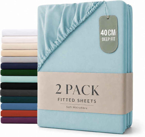 Darrahopens Home & Garden > Bedding > Bed Sheets Hotel Quality Fitted sheets - 2 Piece Fitted sheets  -Breathable Bedding - Wrinkle, Fade, Stain Resistant- 26inch/40cm Deep Pocket Fitted Bed Sheet-Wrinkle and Fade Resistant,(Ice blue,Queen)