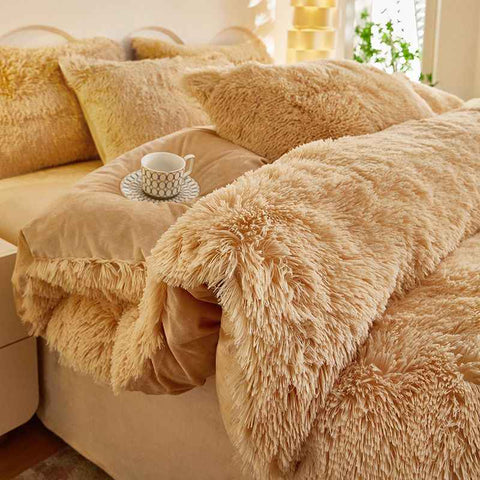 Darrahopens Home & Garden > Bedding > Bed Sheets Khaki Luxury Thick Plush 4 Piece Bedding Set for 1.5m & 1.8m Beds – Winter Ultra Soft Warm Bedding with Double-Sided Faux Mink Fur & Crystal Velvet, includes 200 x 230CM Quilt Cover, 230 X 250cm Flat Sheet and 2PCS  48 × 74CM Pillowcases