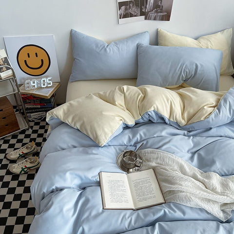 Darrahopens Home & Garden > Bedding > Bed Sheets Light blue cheese Washed Cotton Bedding Set - Solid Color Fitted Sheet Style, 4-Piece Set for 1.5m Bed, Includes 10 Random Color Quilt Fasteners(1.5m)