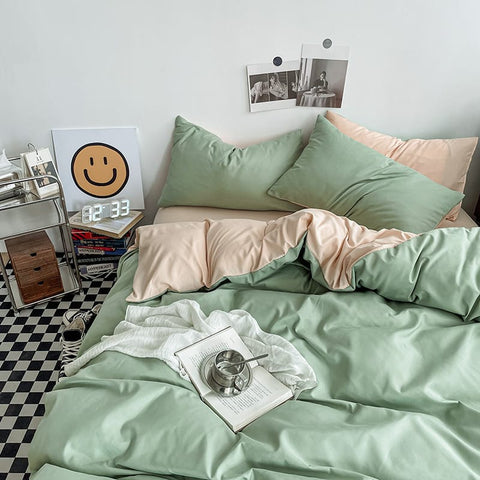 Darrahopens Home & Garden > Bedding > Bed Sheets Light green and light camel color Washed Cotton Bedding Set - Solid Color Fitted Sheet Style, 4-Piece Set for 1.8m Bed, Includes 10 Random Color Quilt Fasteners